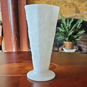 Embossed Grapes And Leaves Motif Milk Glass Vase